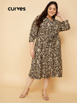 max - Women Brown Printed A-line Shirt Dress with Belt