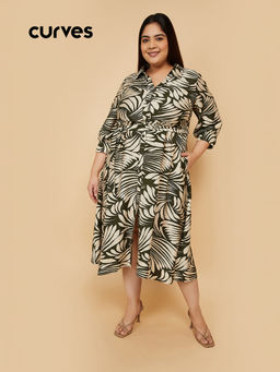 max - Women Green Printed A-line Shirt Dress with Belt