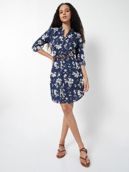 max - Women Navy Blue Printed Shirt Dress with Belt