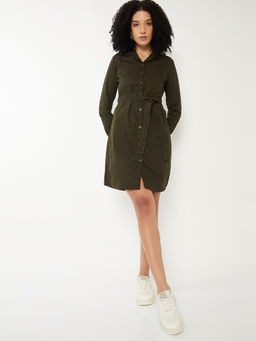 max - Women Olive Solid Shirt Dress with Belt