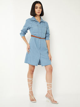 max - Women Blue Solid Shirt Dress with Belt