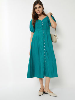 max - Women Teal Solid A-Line Dress