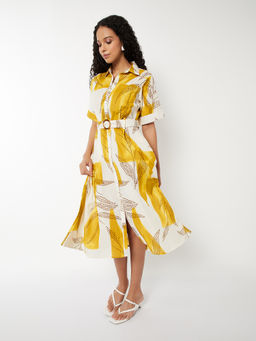 max - Women White Printed A-line Shirt Dress with Belt