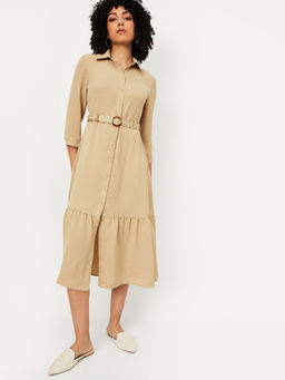 max - Women Beige Textured Midi Shirt Dress
