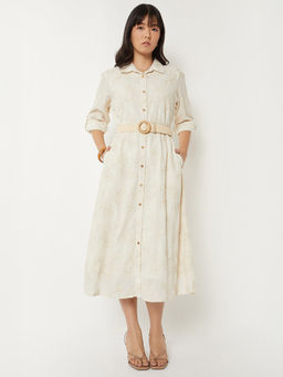 max - Women Cream Embroidered Shirt Dress with Belt