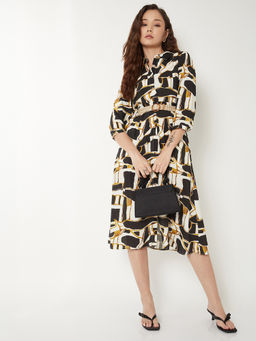 max - Women Black Printed A-line Shirt Dress with Belt