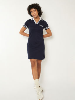 max - Women Navy Blue Solid Polo T-shirt Dress