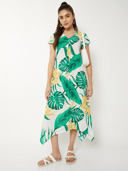 max - Women White Tropical Print Handkerchief Hem Dress