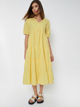 max - Women Yellow Striped Tiered Dress