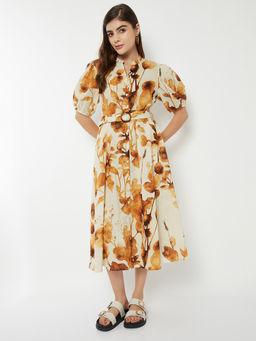 max - Women Off White Printed Shirt Dress with Belt
