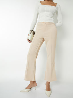 max - Women Beige Textured Flared High Rise Trouser