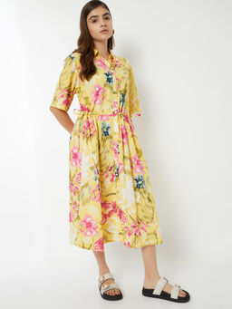 max - Women Yellow Floral Print Shirt Dress with Belt