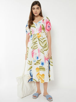 max - Women White Floral Print A-line Dress