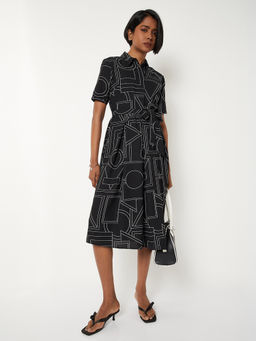 max - Women Black Printed Shirt Dress with Belt