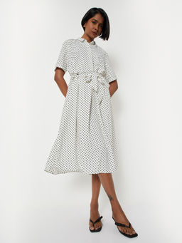 max - Women White Printed Shirt Dress with Belt