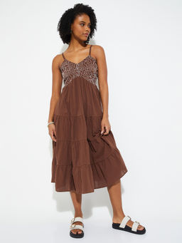 max - Women Brown Embroidered Tiered Dress