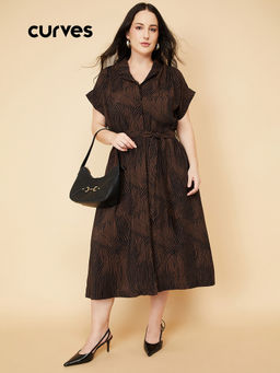 max - Women Brown Printed Shirt Dress with Belt