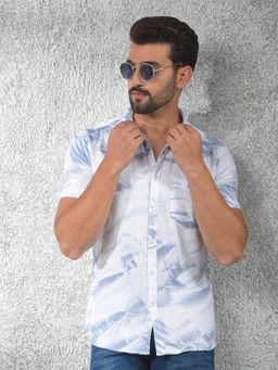 CRIMSOUNE CLUB - Mens Blue Printed Pure Cotton Shirt