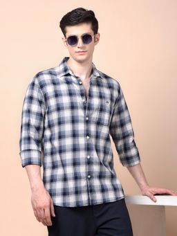 CRIMSOUNE CLUB - Men Navy Blue Checked Pure Cotton Shirt