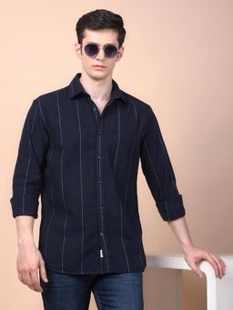 CRIMSOUNE CLUB - Men Navy Blue Vertical Stripes Pure Cotton Shirt