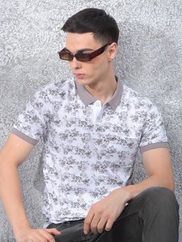 CRIMSOUNE CLUB - Men White Floral Casual Polo T-Shirt