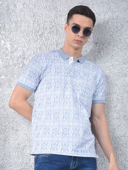 CRIMSOUNE CLUB - Men Blue Self Design Casual Polo T-Shirt