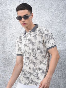 CRIMSOUNE CLUB - Men Grey Floral Casual Polo T-Shirt