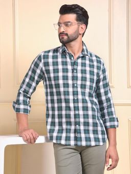 CRIMSOUNE CLUB - Men Green Cotton Slim Fit Checks Shirt