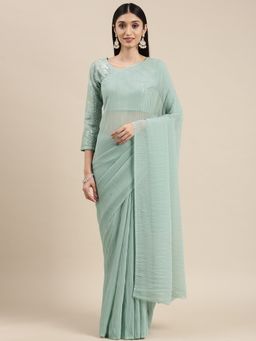 VAIRAGEE - Sea Green Solid Pleated Saree with Unstitched Blouse