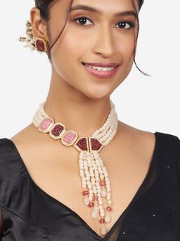 Joules By Radhika - Gold Finish Pink & Off White Necklace & Earrings with Pearls (Set of 2)