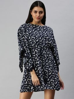 SHOWOFF - Women Navy Blue Floral Boat Neck Dress