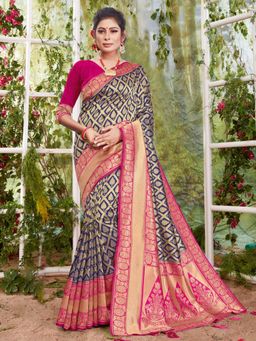 Sangam Prints - Navy Blue & Pink Silk Stonework Traditional Saree with Unstitched Blouse