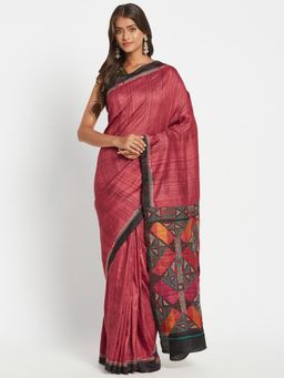 Fabindia - Maroon Silk Kantha Embroidered Saree without Blouse