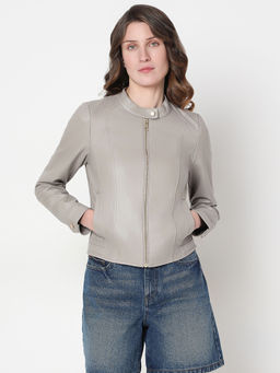 VERO MODA - Grey Mandarin Neck Biker Jacket