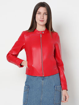 VERO MODA - Red Mandarin Neck Biker Jacket