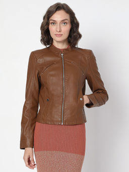 VERO MODA - Brown Mandarin Neck Biker Jacket