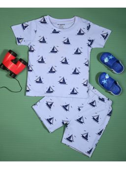 Be Awara - Half Sleeves Cotton T-shirt & Shorts Ship Print Light Blue (Set of 2)