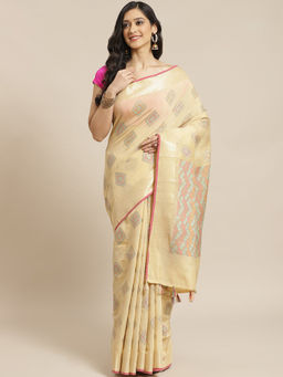 Indethnic - Banarasi Beige Woven Design Work Wear Saree With Unstitched Blouse