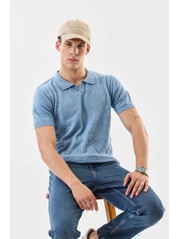 Snitch - Light Blue Textured Half Sleeves Regular Casual Polo T-shirt For Men