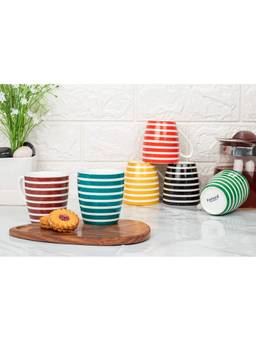 Femora - Indian Ceramic Breton Stripes Bone China Multi Color Tea Cup - 6 Pcs - 160 Ml