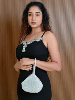 Odette - Silver Silk Blend Embellished Clutch For Women