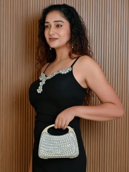 Odette - Silver Silk Blend Embellished Clutch with Detachable Chain For Women