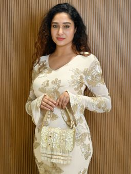 Odette - Off White Jute Embellished Clutch with Detachable Strap For Women