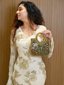 Odette - Golden Jute Embellished Clutch For Women