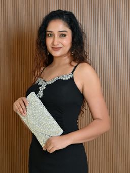 Odette - Silver Jute Embellished Clutch with Detachable Chain For Women