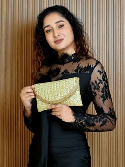 Odette - Golden Jute Embellished Clutch with Detachable Chain For Women