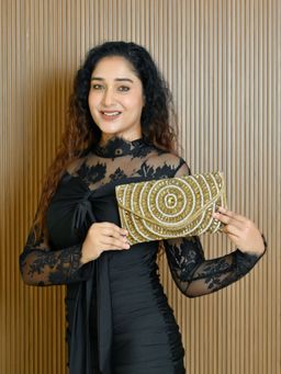 Odette - Golden Jute Embellished Clutch with Detachable Chain For Women