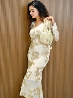 Odette - Off White Suede Embellished Potli Bag For Women