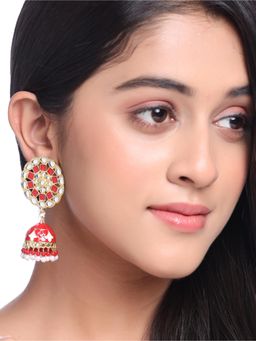 Gahan - Women Gold Plated Red Dome Shaped Meenkari Jhumkas Earrings