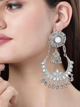 Gahan - Women Silver-Plated Mirror Work Oxidised Jhumka Earrings